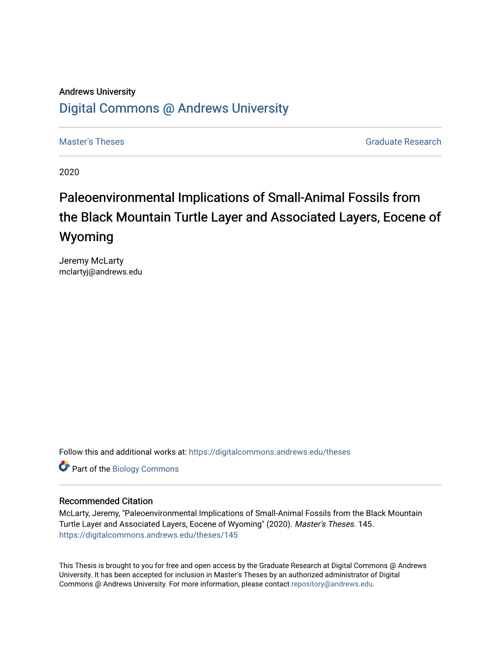 Paleoenvironmental Implications of Small-Animal Fossils from the Black Mountain Turtle Layer and Associated Layers, Eocene of Wyoming