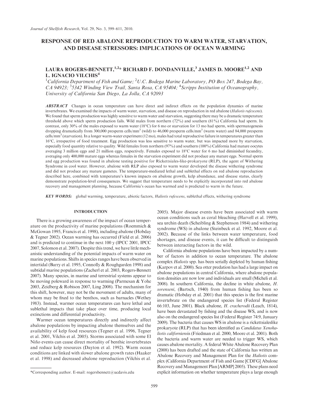 Response of Red Abalone Reproduction to Warm Water, Starvation, and Disease Stressors: Implications of Ocean Warming