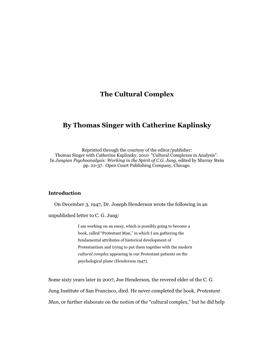 The Cultural Complex by Thomas Singer with Catherine Kaplinsky