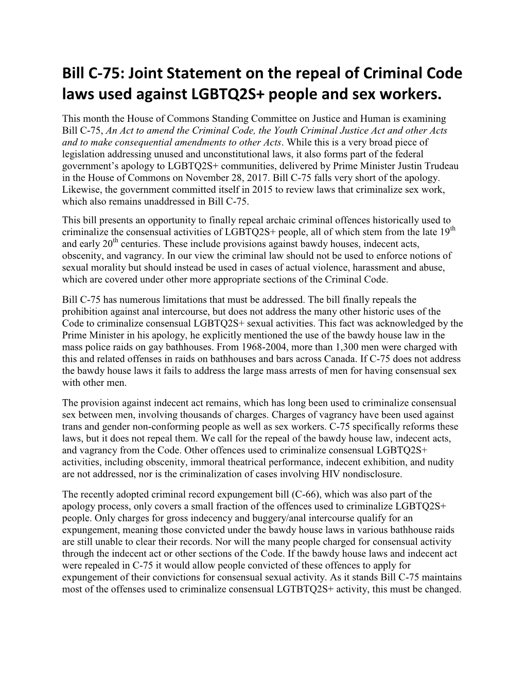 Bill C-75: Joint Statement on the Repeal of Criminal Code Laws Used Against LGBTQ2S+ People and Sex Workers