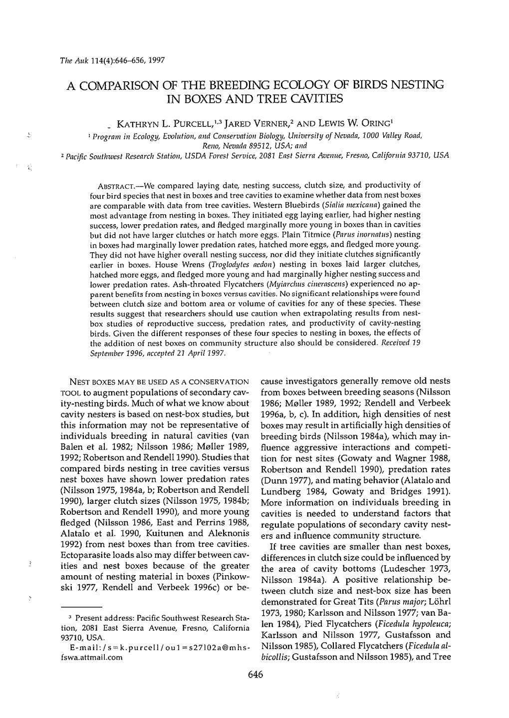 A Comparison of the Breeding Ecology of Birds Nesting in Boxes and Tree Cavities