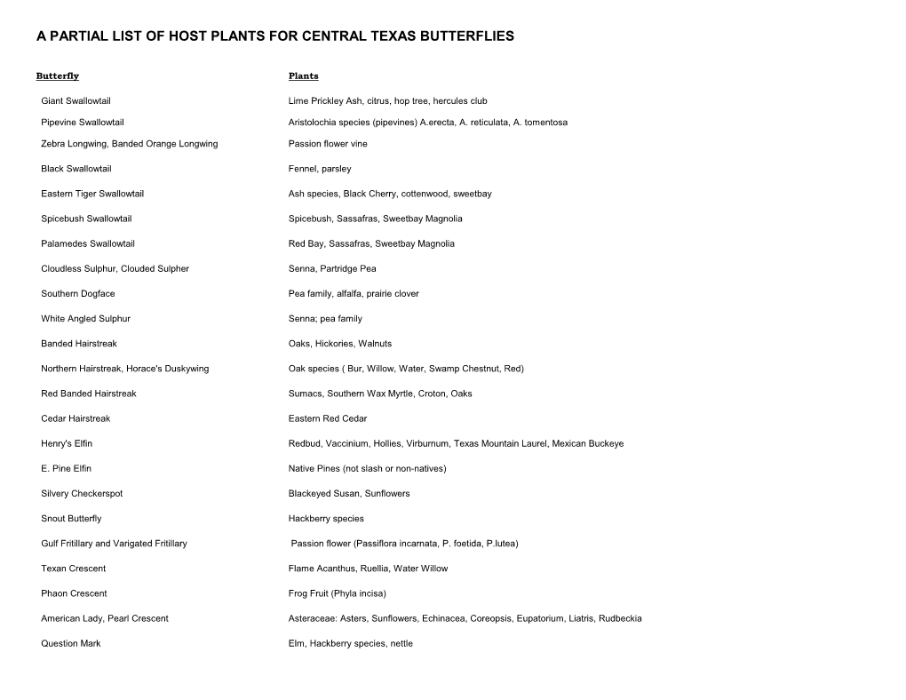 A Partial List of Host Plants for Central Texas Butterflies