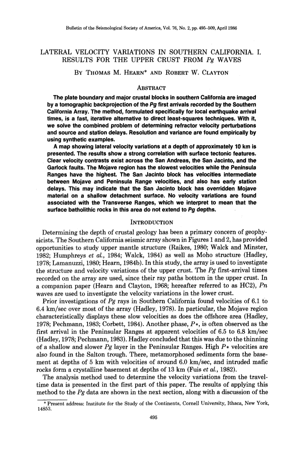 Bulletin of the Seismological Society of America, Vol. 76, No. 2, Pp. 495-509, April 1986 LATERAL VELOCITY VARIATIONS in SOUTHER