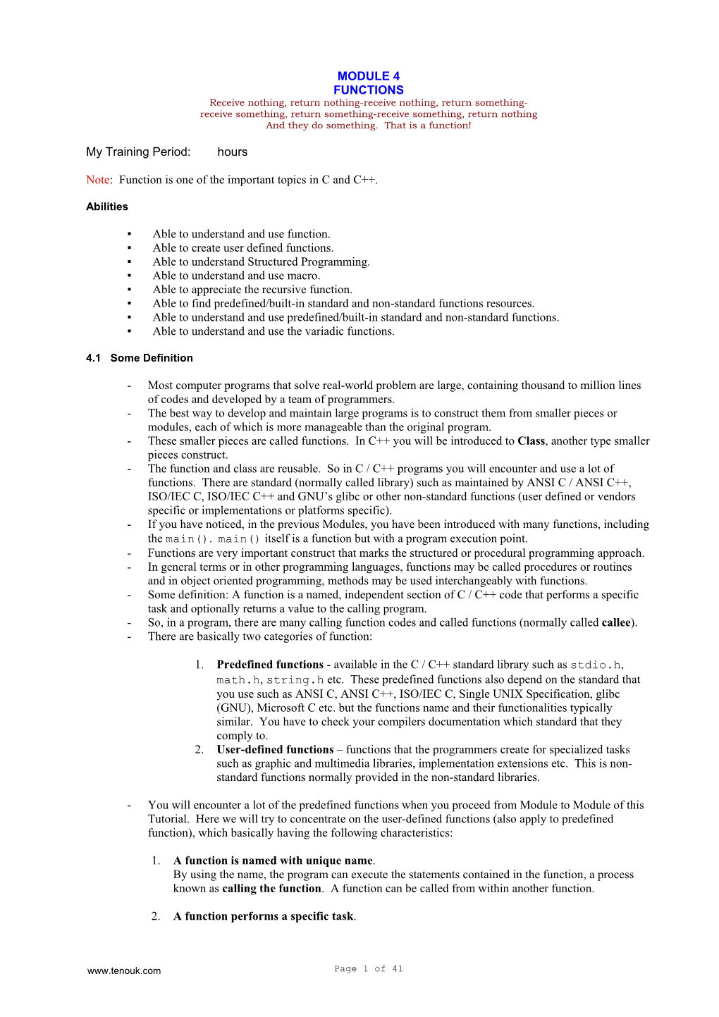 C and C++ Functions Variadic User-Defined Standard Predefined