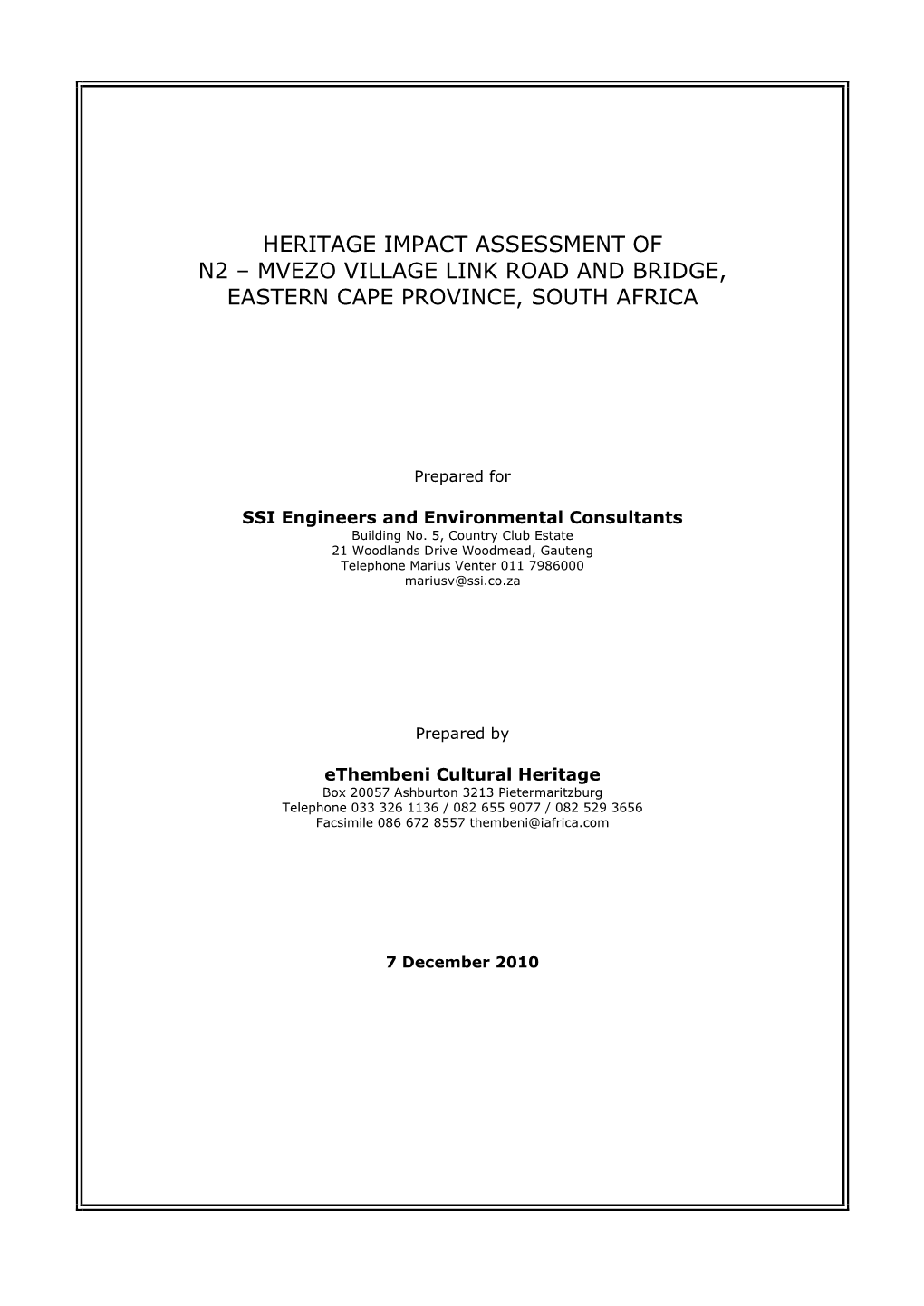 Heritage Impact Assessment of N2 – Mvezo Village Link Road and Bridge, Eastern Cape Province, South Africa