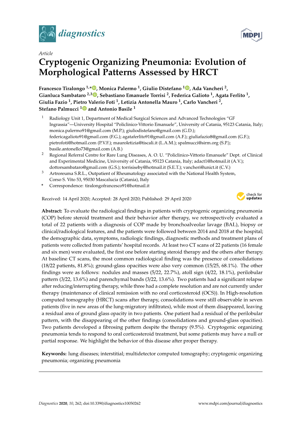 Cryptogenic Organizing Pneumonia: Evolution of Morphological Patterns Assessed by HRCT