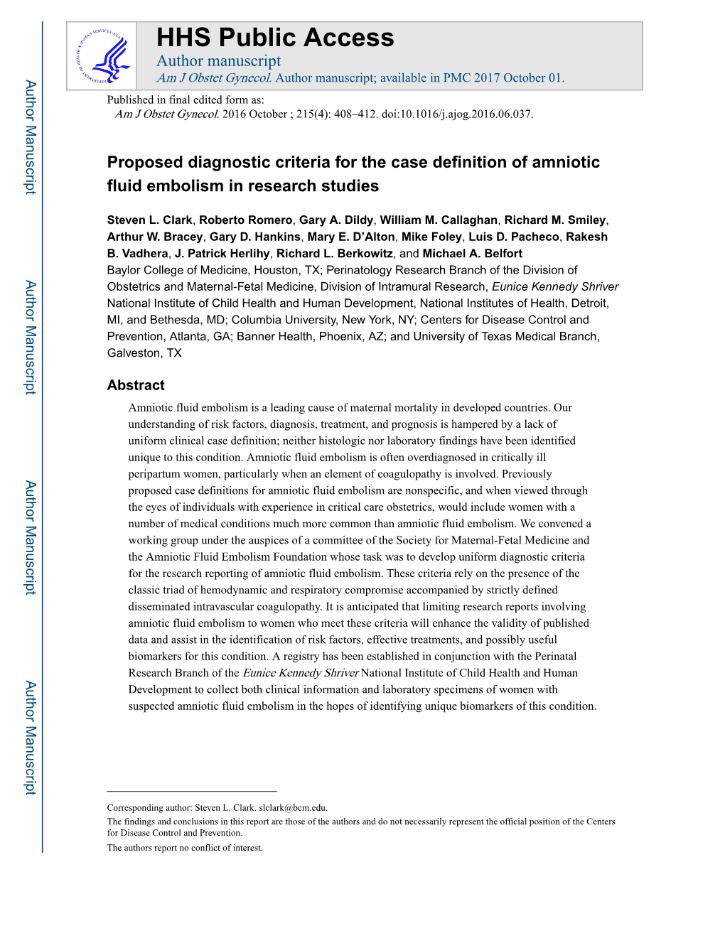 Proposed Diagnostic Criteria for the Case Definition of Amniotic Fluid Embolism in Research Studies