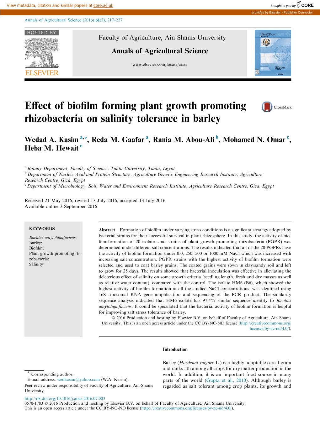 Effect of Biofilm Forming Plant Growth Promoting Rhizobacteria On