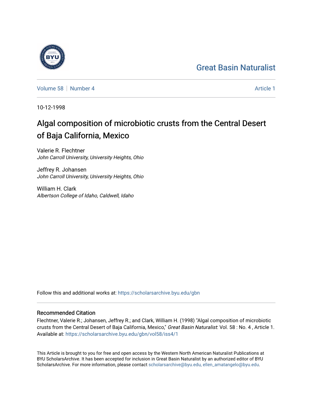 Algal Composition of Microbiotic Crusts from the Central Desert of Baja California, Mexico