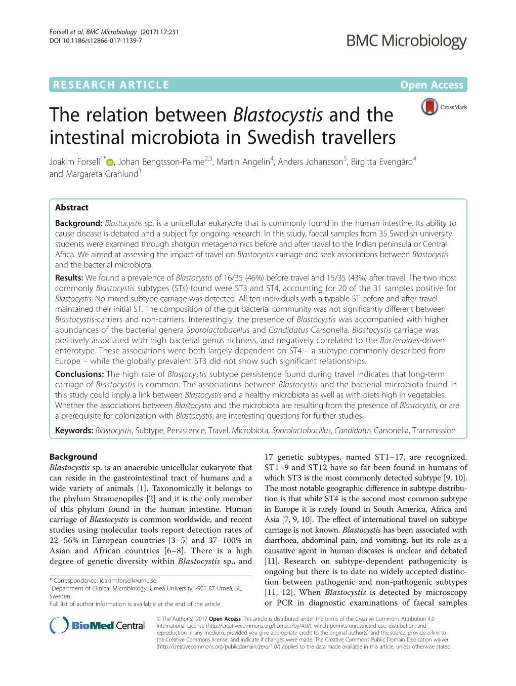 The Relation Between Blastocystis and the Intestinal Microbiota in Swedish