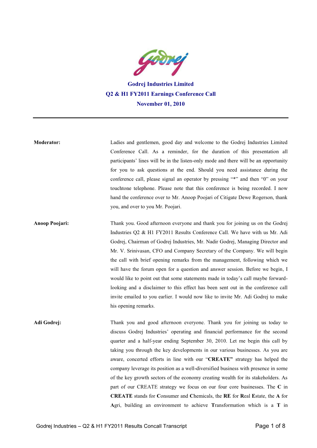 Page 1 of 8 Godrej Industries Limited Q2 & H1 FY2011 Earnings