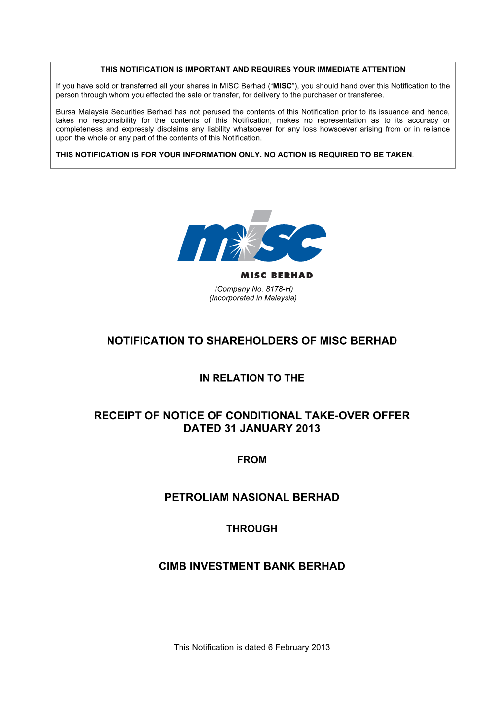 Notification to Shareholders of Misc Berhad Receipt Of