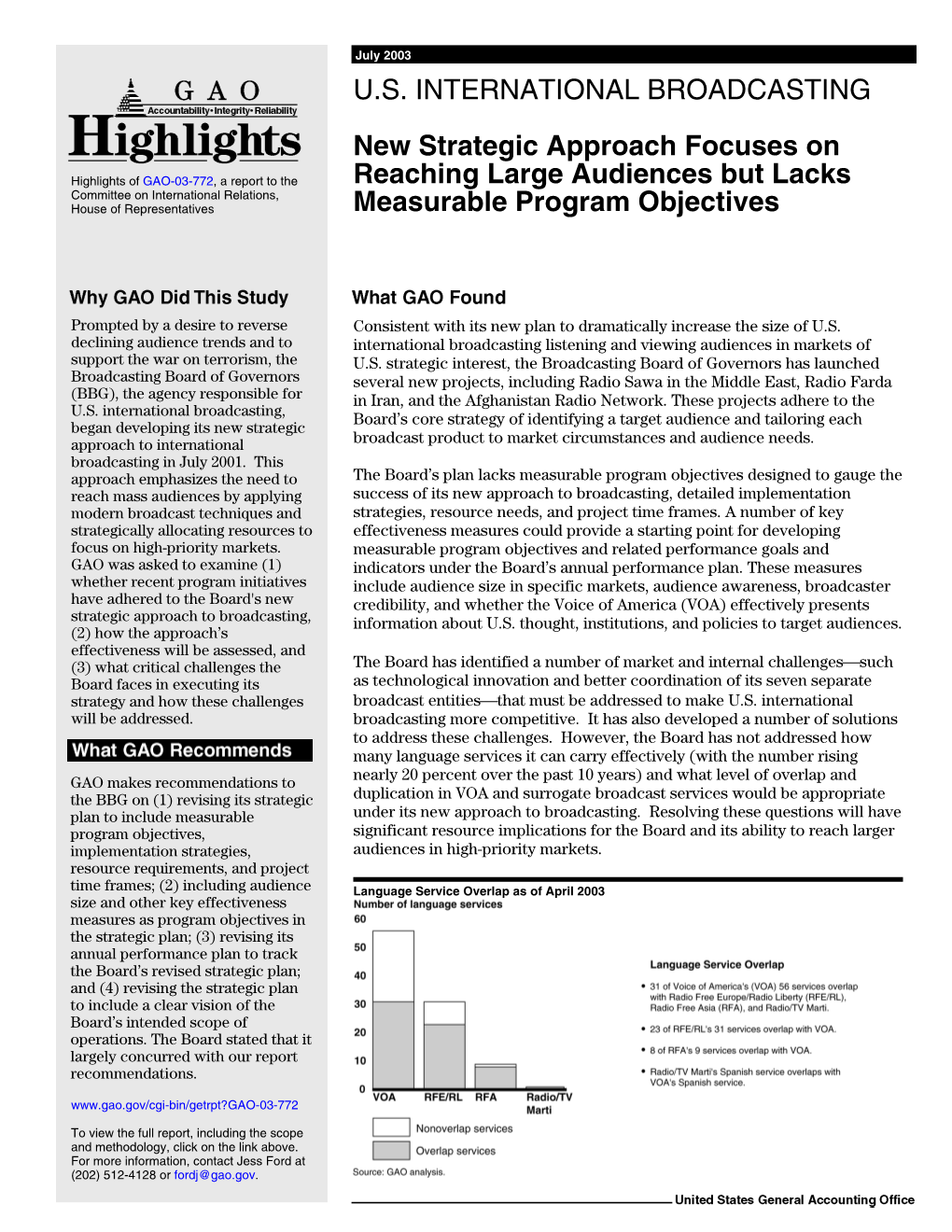 GAO-03-772, Highlights, U.S. INTERNATIONAL BROADCASTING