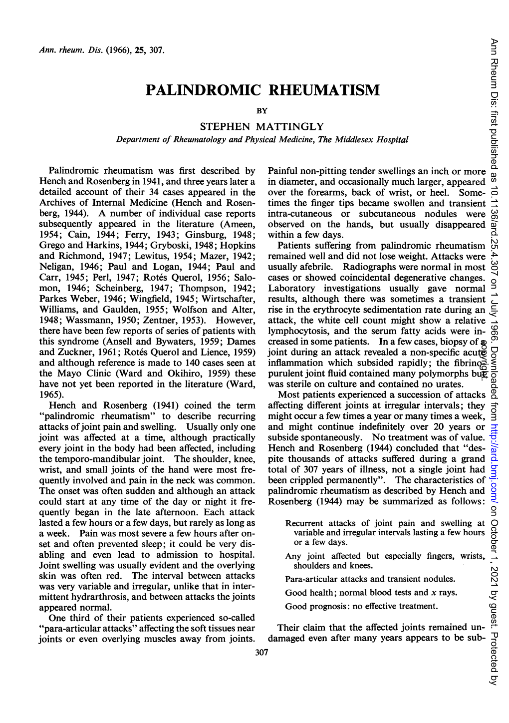 PALINDROMIC RHEUMATISM by STEPHEN MATTINGLY Department of Rheumatology and Physical Medicine, the Middlesex Hospital