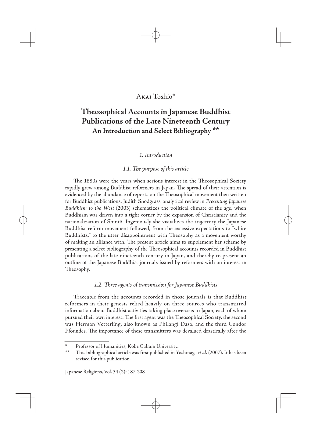 Theosophical Accounts in Japanese Buddhist Publications of the Late Nineteenth Century an Introduction and Select Bibliography **