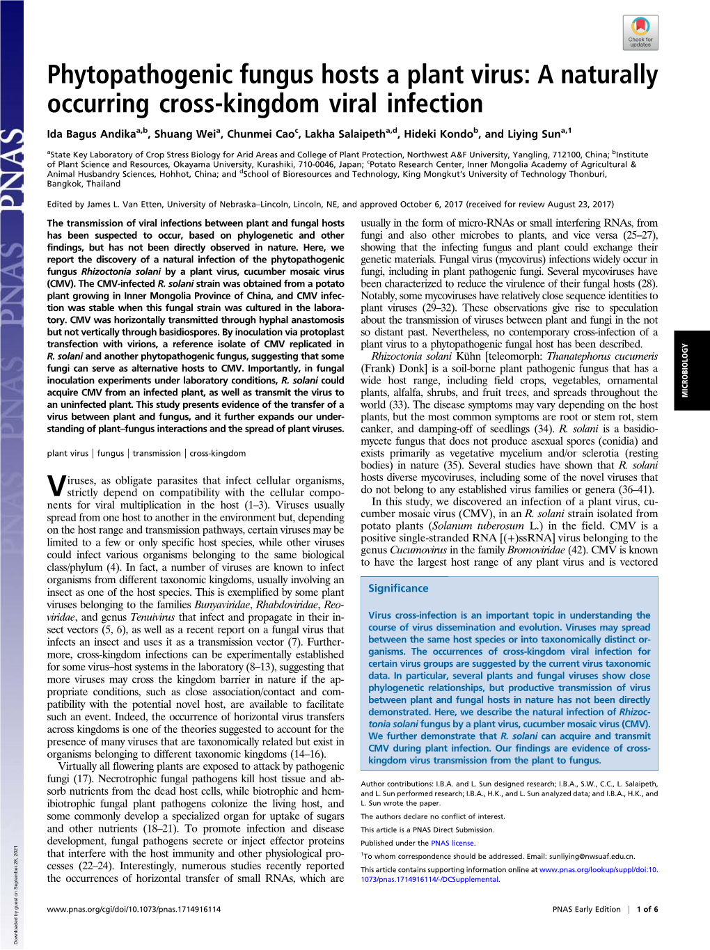 Phytopathogenic Fungus Hosts a Plant Virus: a Naturally Occurring Cross-Kingdom Viral Infection