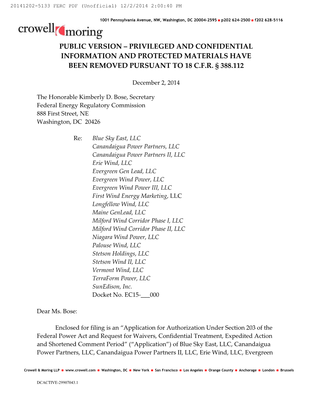 First Wind DEC 2 2014 FERC App.Pdf