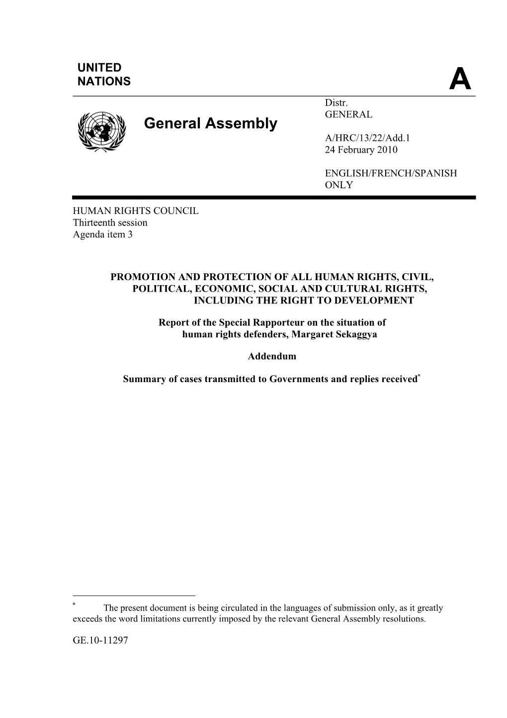 General Assembly A/HRC/13/22/Add.1 24 February 2010