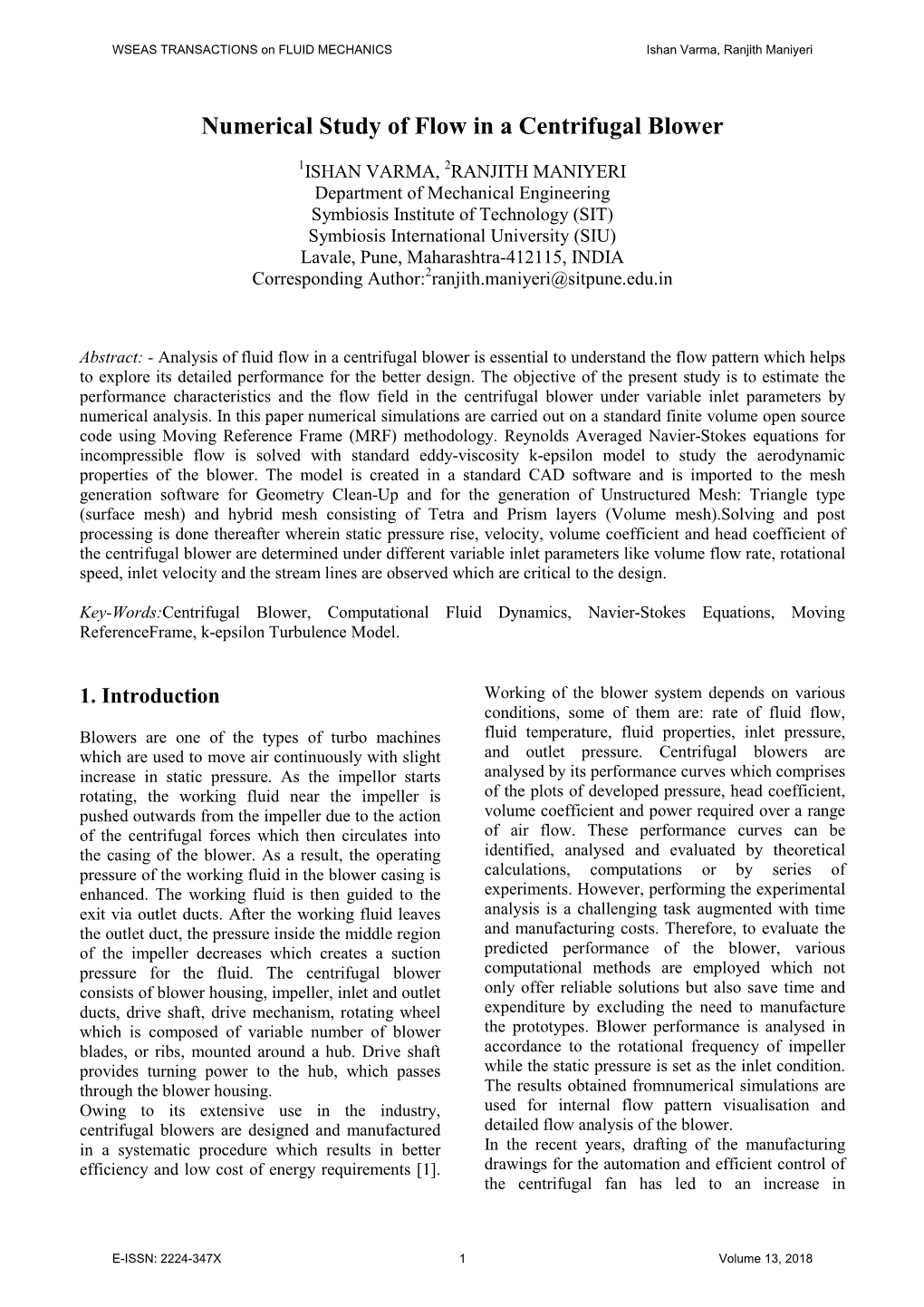 Numerical Study of Flow in a Centrifugal Blower