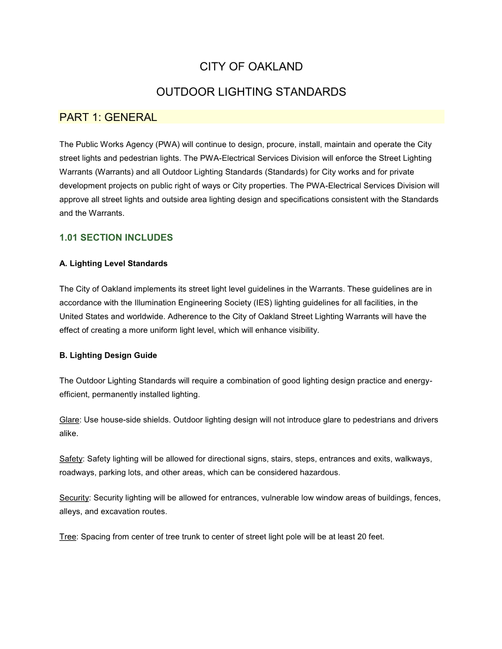 City of Oakland Outdoor Lighting Standards
