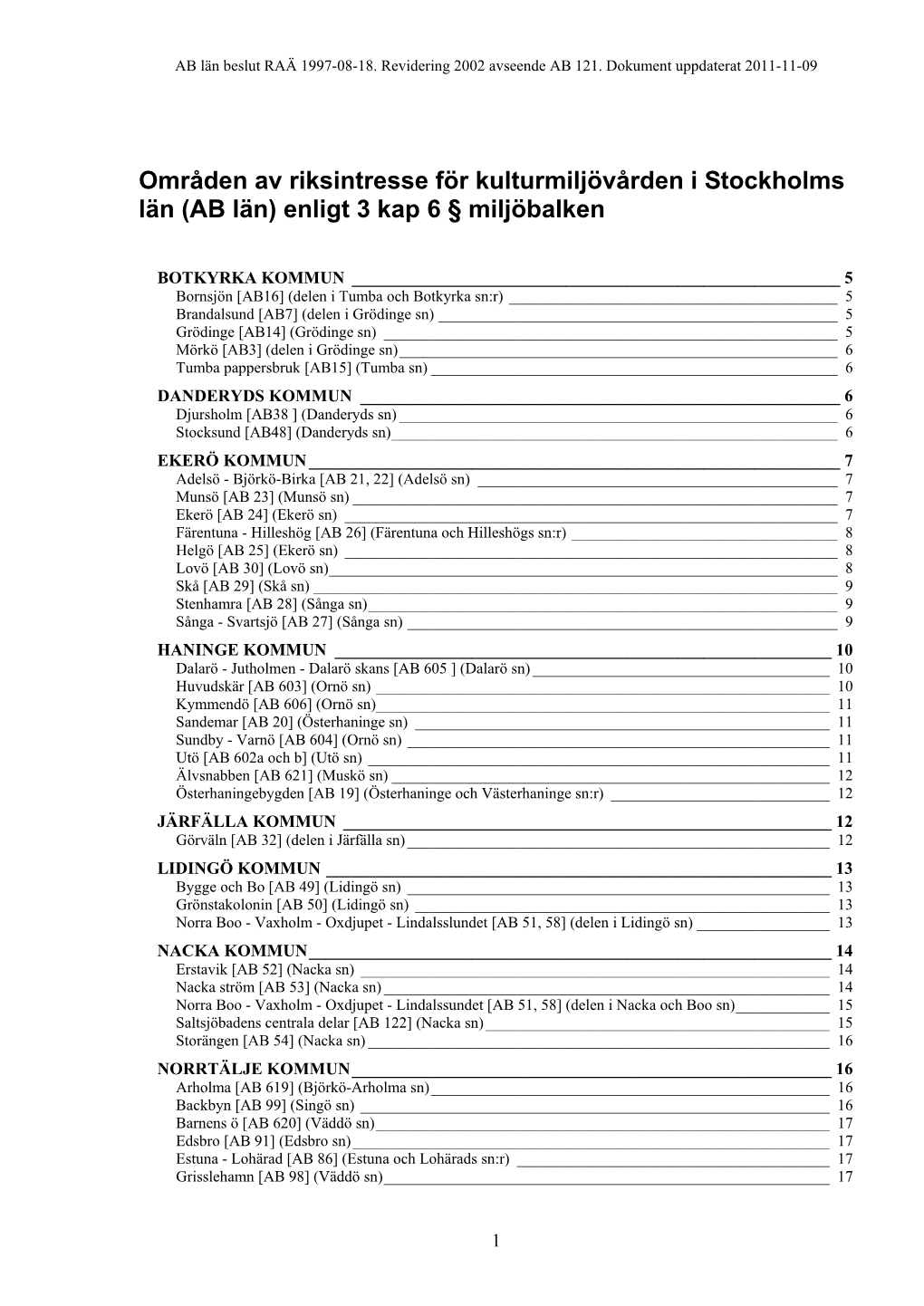 Områden Av Riksintresse För Kulturmiljövården I Stockholms Län (AB Län) Enligt 3 Kap 6 § Miljöbalken
