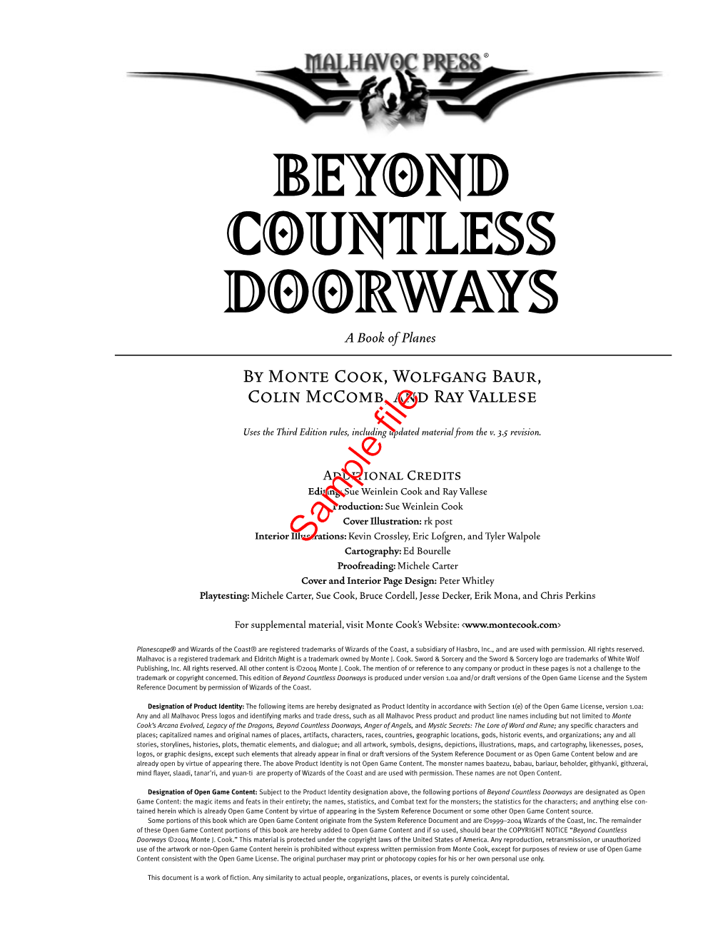 BEYOND COUNTLESS DOORWAYS a Book of Planes by Monte Cook, Wolfgang Baur, Colin Mccomb, and Ray Vallese