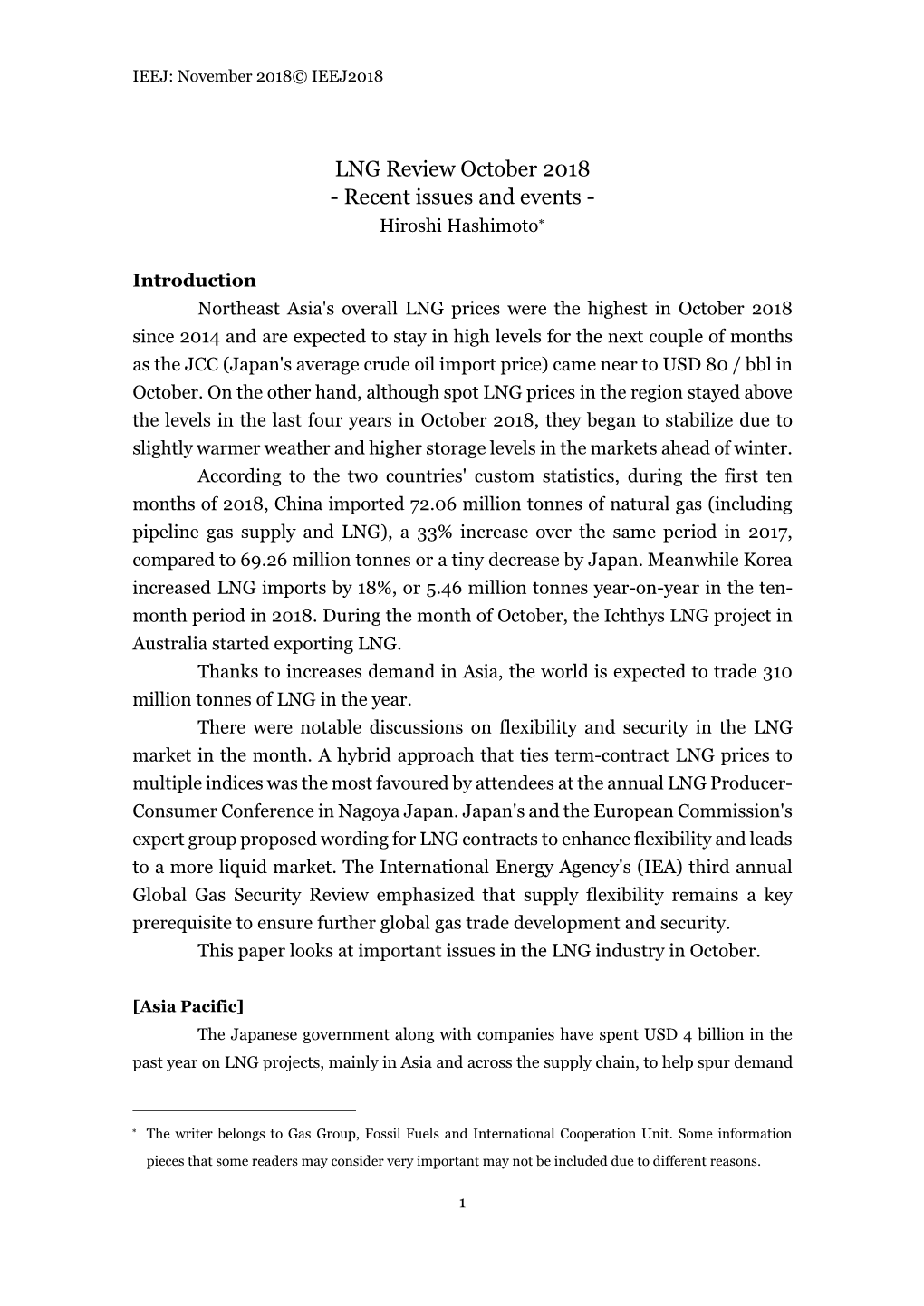 LNG Review October 2018 - Recent Issues and Events - Hiroshi Hashimoto∗