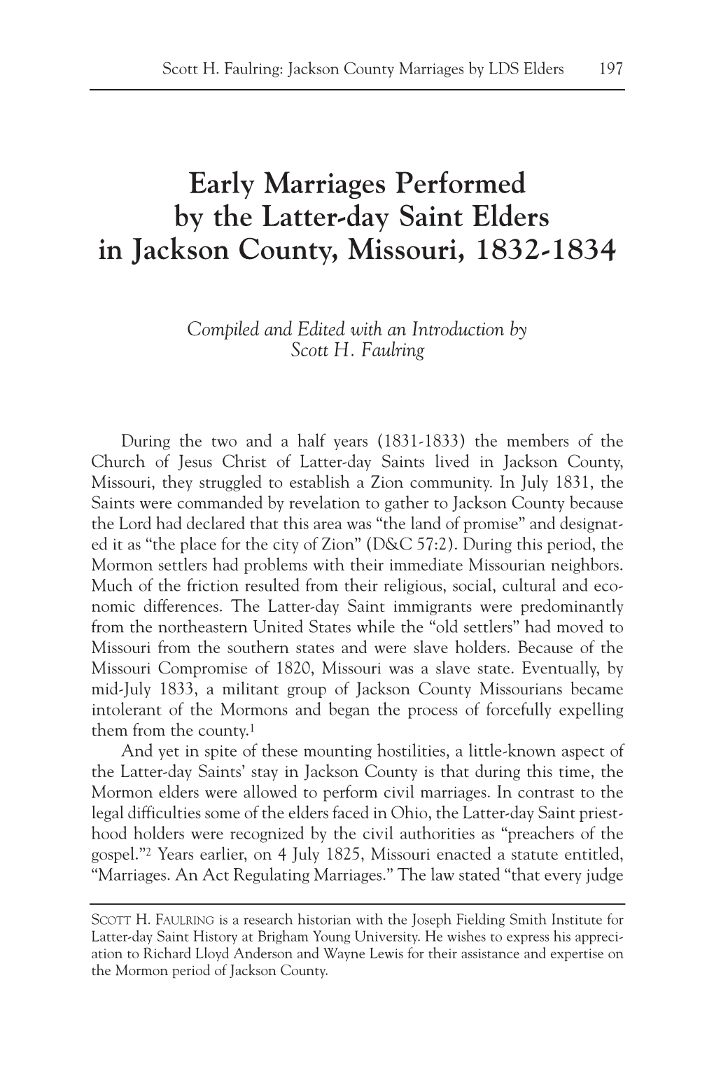 Early Marriages Performed by the Latter-Day Saint Elders in Jackson County, Missouri, 1832-1834