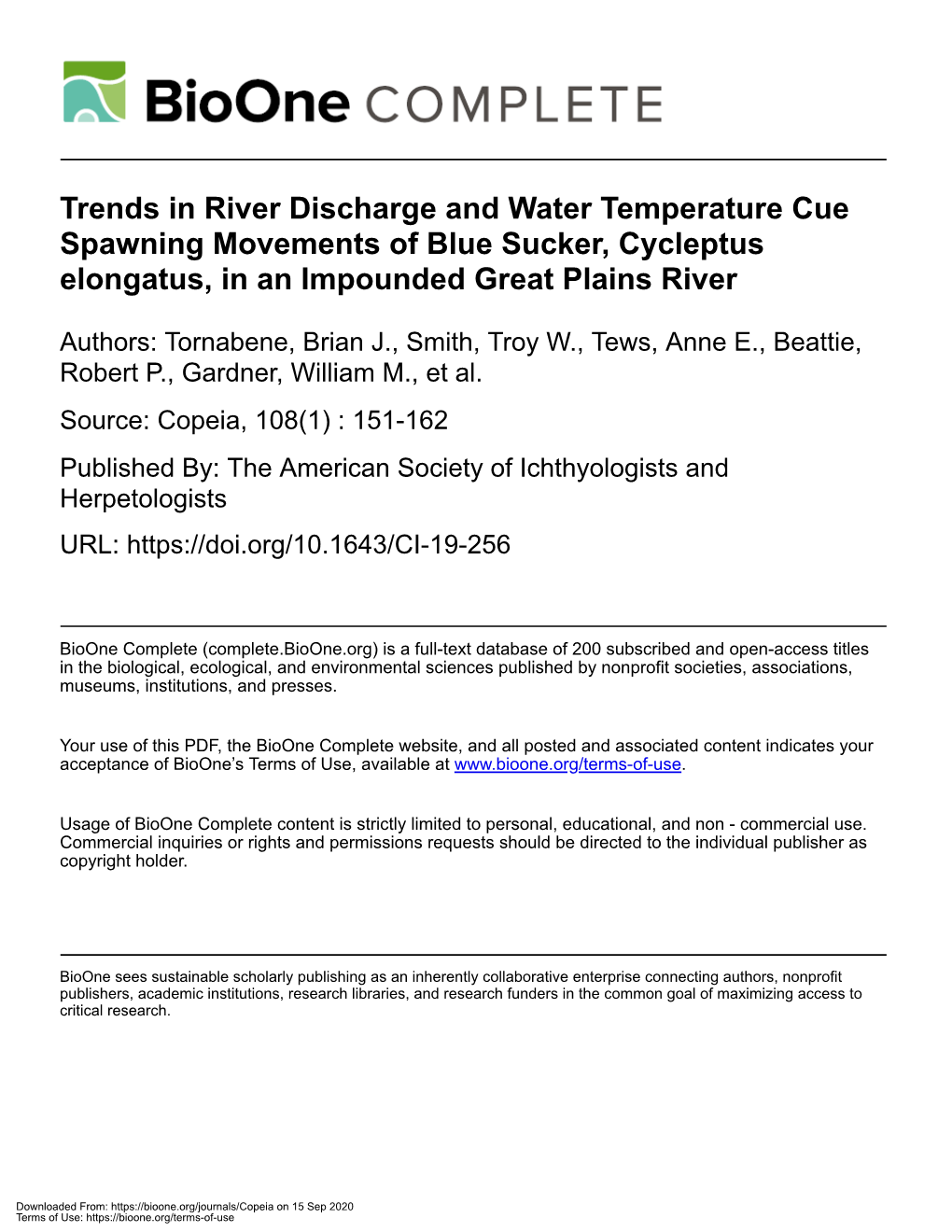 Spawning Movements of Blue Sucker, Cycleptus Elongatus, in an Impounded Great Plains River