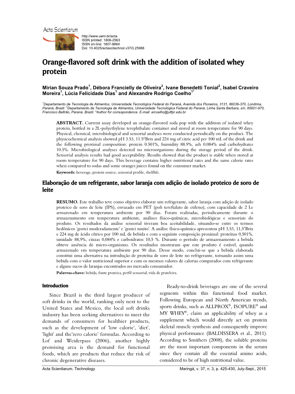 Orange-Flavored Soft Drink with the Addition of Isolated Whey Protein