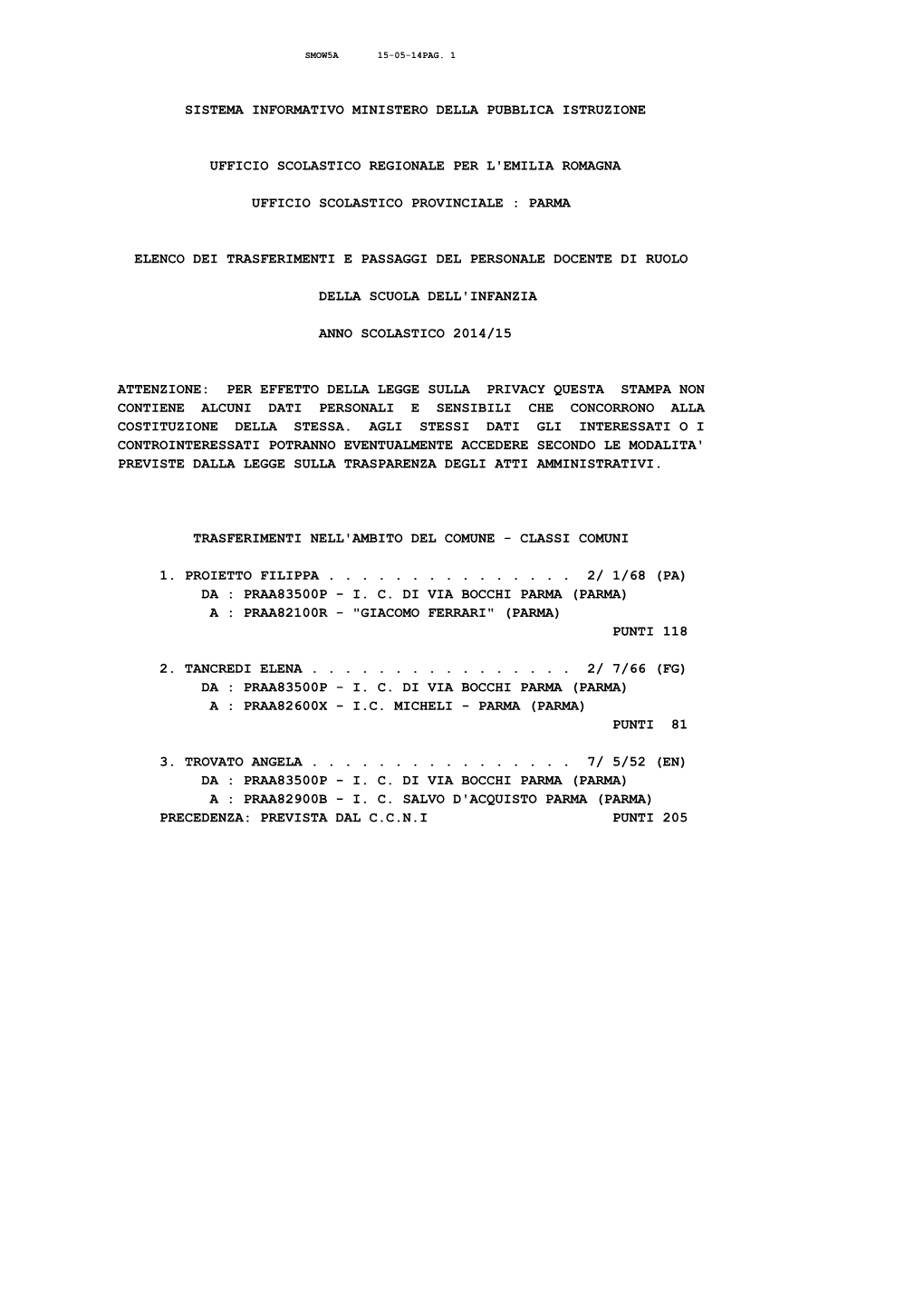 Sistema Informativo Ministero Della Pubblica Istruzione Ufficio Scolastico Regionale Per L'emilia Romagna Ufficio Scolastico