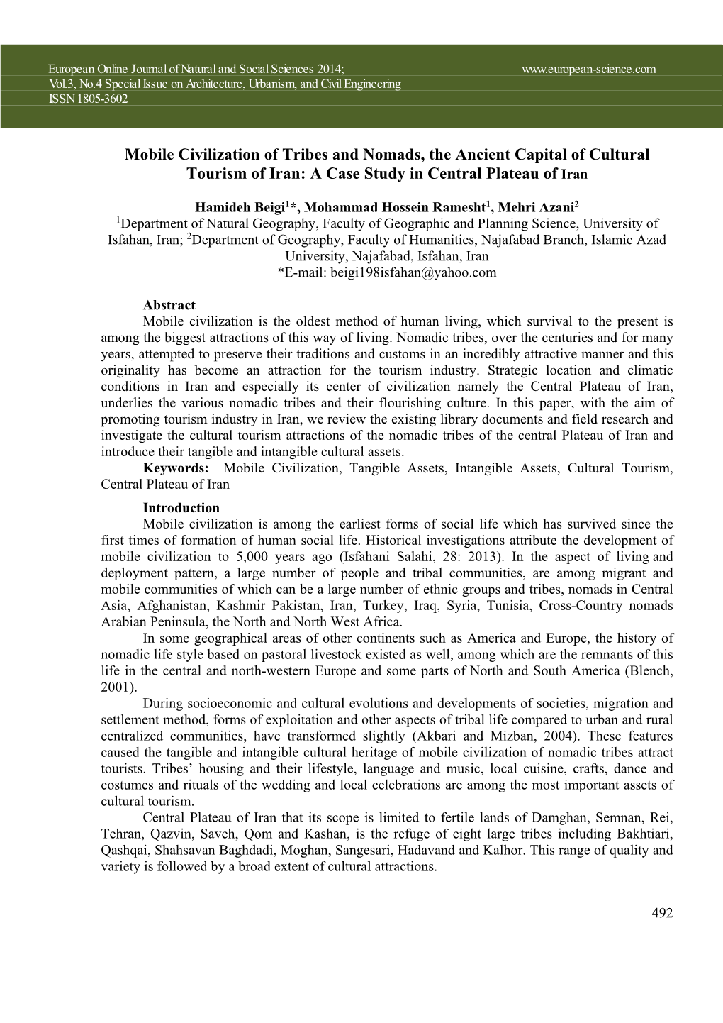 Mobile Civilization of Tribes and Nomads, the Ancient Capital of Cultural Tourism of Iran: a Case Study in Central Plateau of Iran