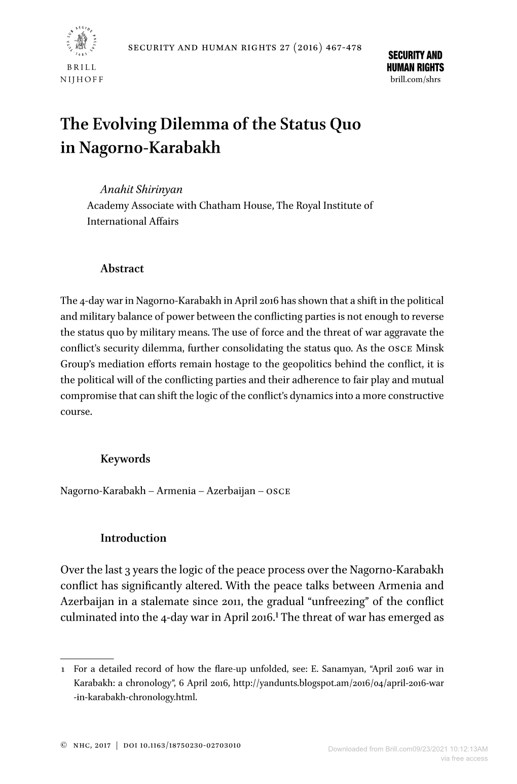 The Evolving Dilemma of the Status Quo in Nagorno-Karabakh