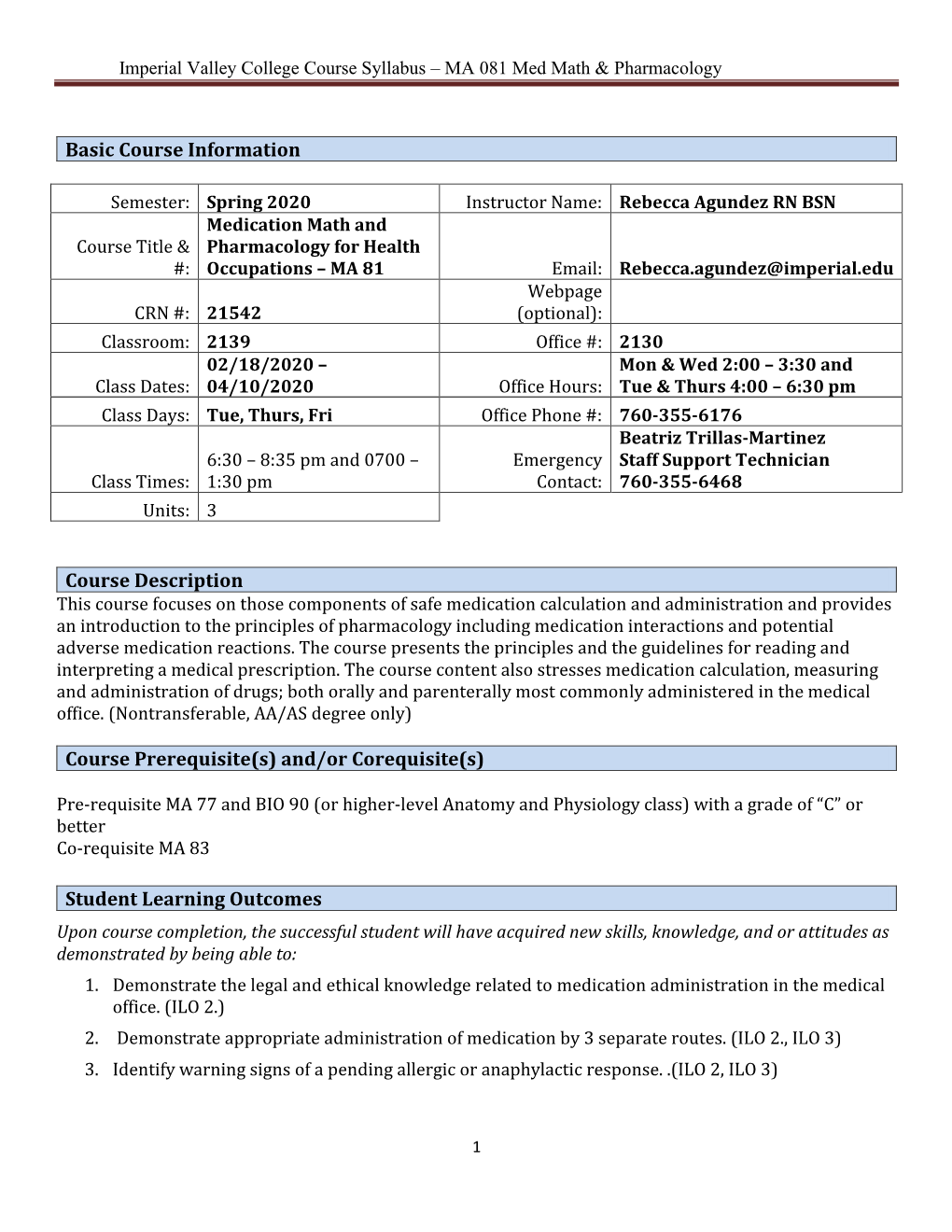 Imperial Valley College Course Syllabus – MA 081 Med Math & Pharmacology