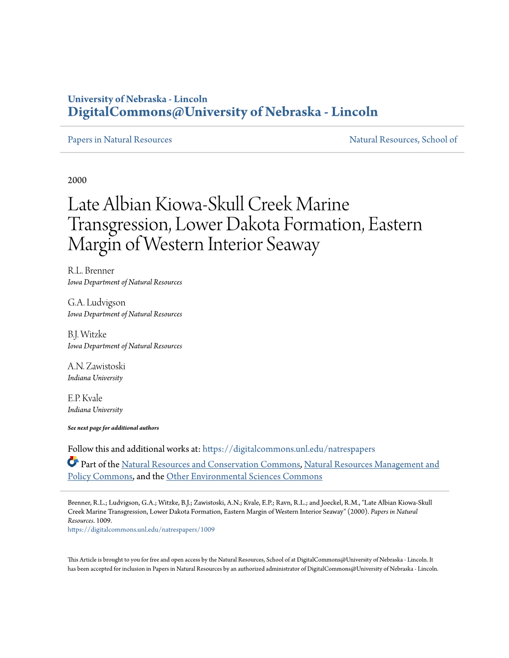 Late Albian Kiowa-Skull Creek Marine Transgression, Lower Dakota Formation, Eastern Margin of Western Interior Seaway R.L