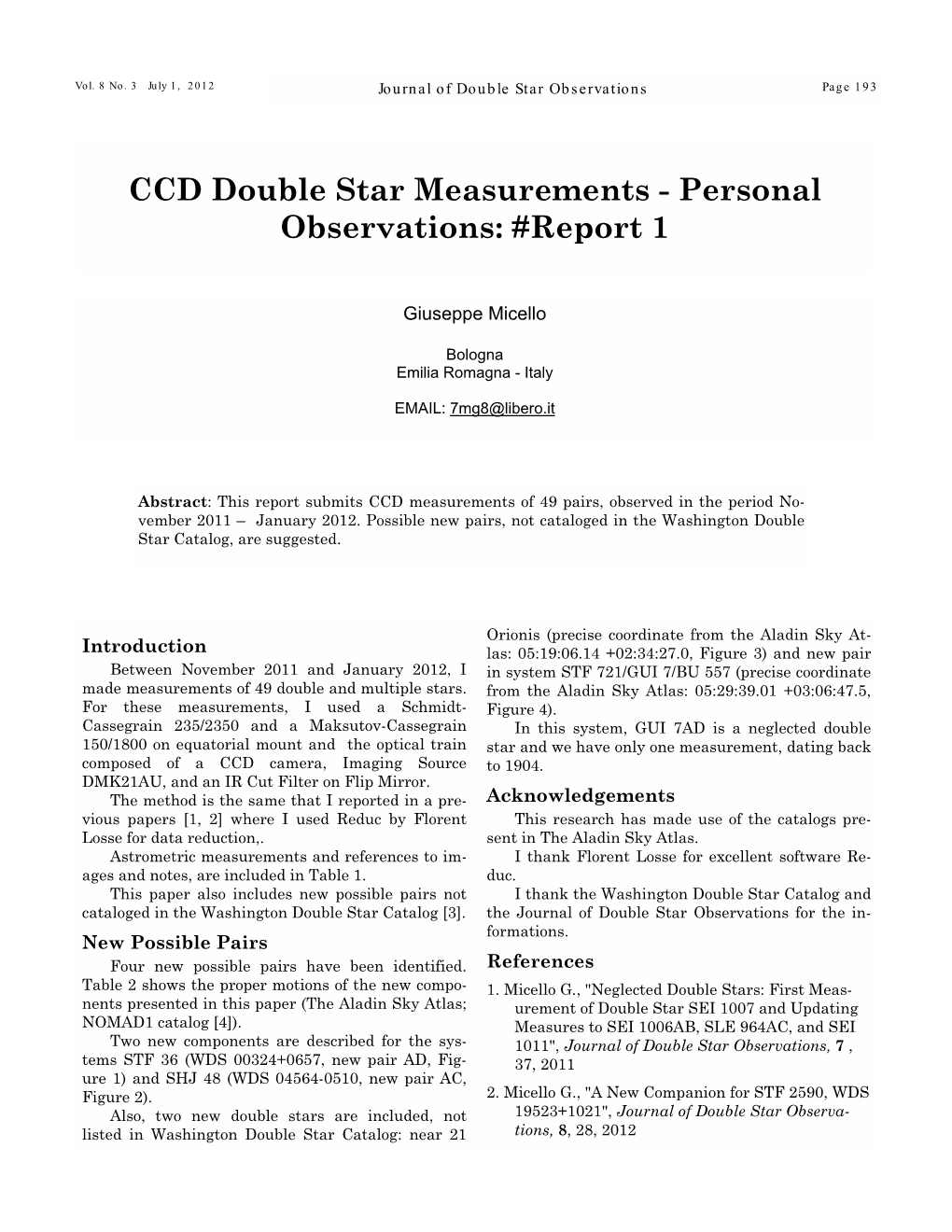 CCD Double Star Measurements - Personal Observations: #Report 1