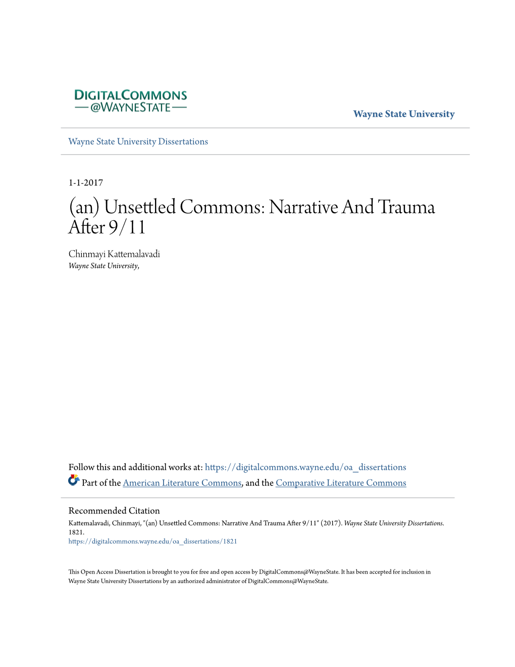 An) Unsettled Commons: Narrative and Trauma After 9/11" (2017