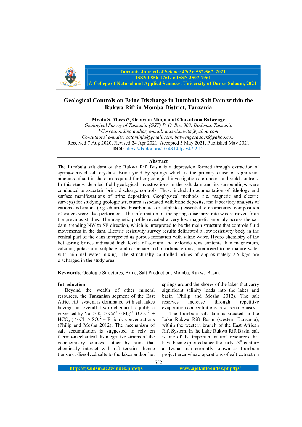 Geological Controls on Brine Discharge in Itumbula Salt Dam Within the Rukwa Rift in Momba District, Tanzania