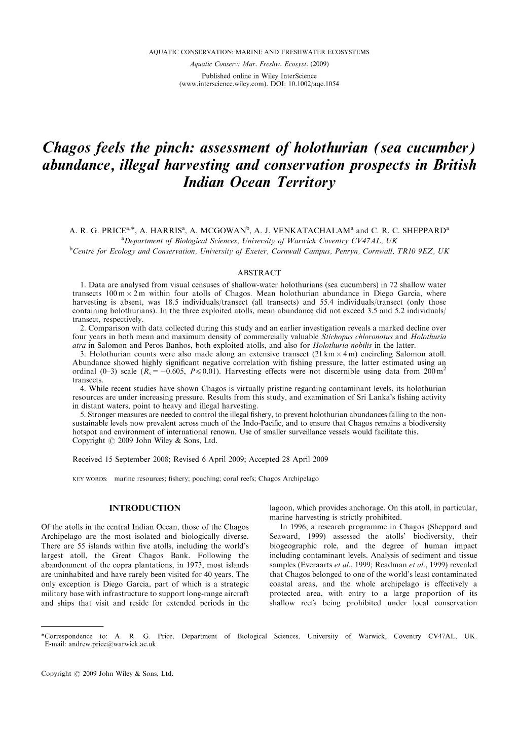 Chagos Feels the Pinch: Assessment of Holothurian (Sea Cucumber) Abundance, Illegal Harvesting and Conservation Prospects in British Indian Ocean Territory