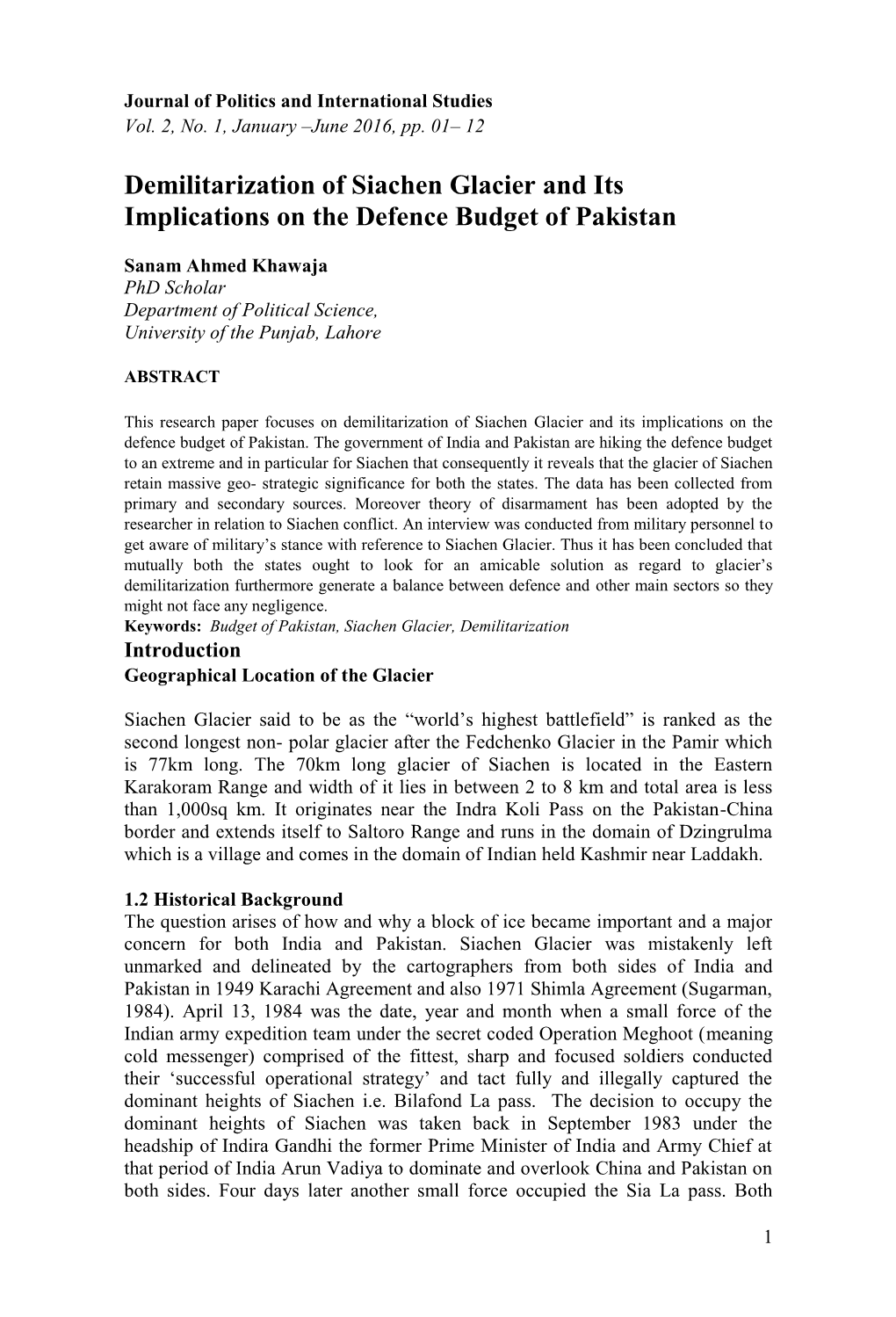 Demilitarization of Siachen Glacier and Its Implications on the Defence Budget of Pakistan