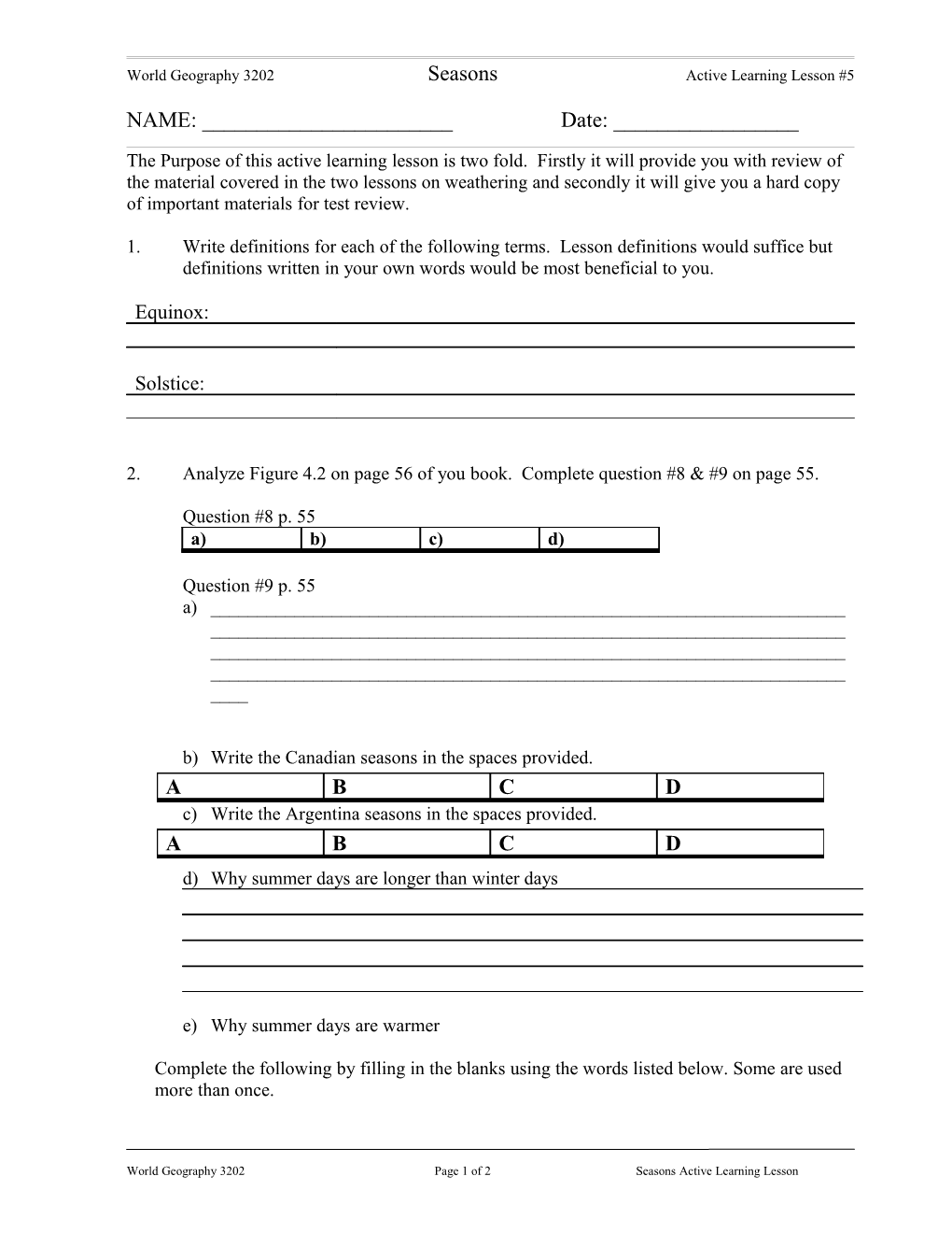 World Geography 3202 Seasons Active Learning Lesson #5