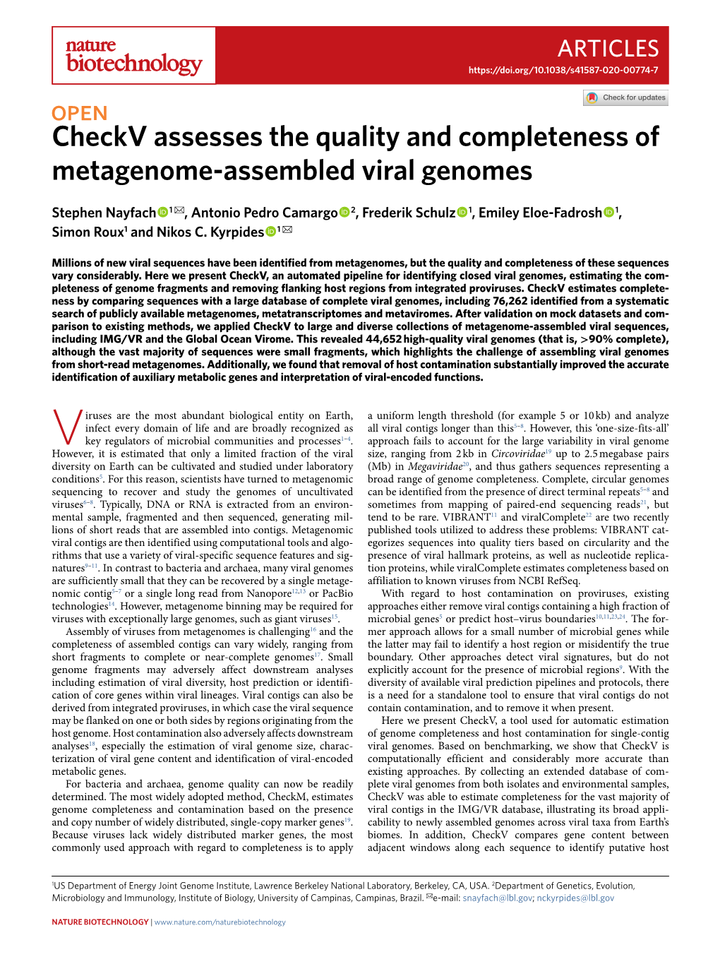 Checkv Assesses the Quality and Completeness of Metagenome-Assembled Viral Genomes