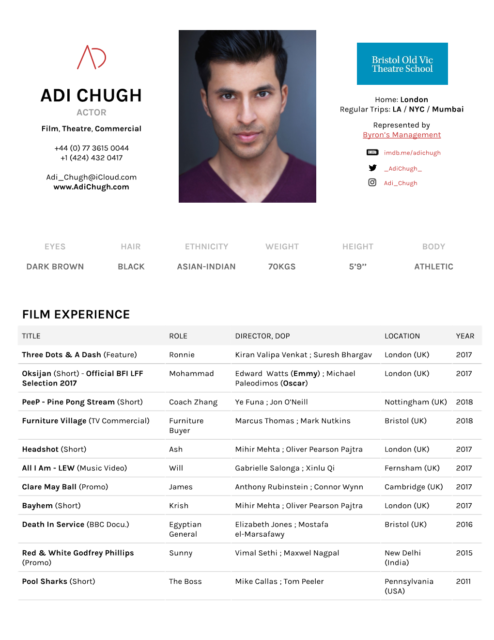 ADI CHUGH ​ Regular Trips: LA / NYC / Mumbai ACTOR ​ ​ ​ ​ ​