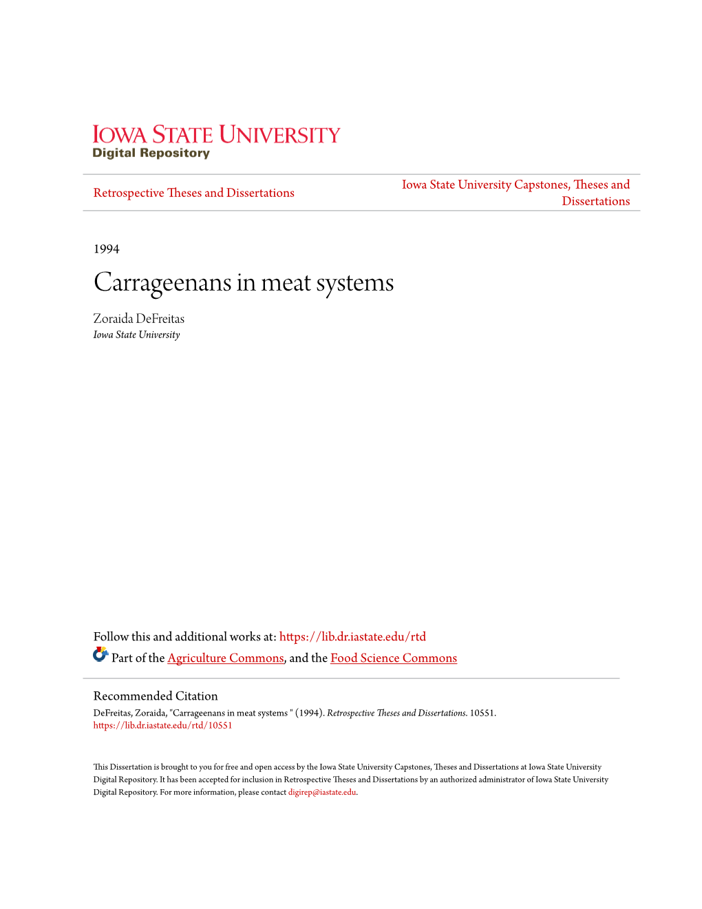 Carrageenans in Meat Systems Zoraida Defreitas Iowa State University