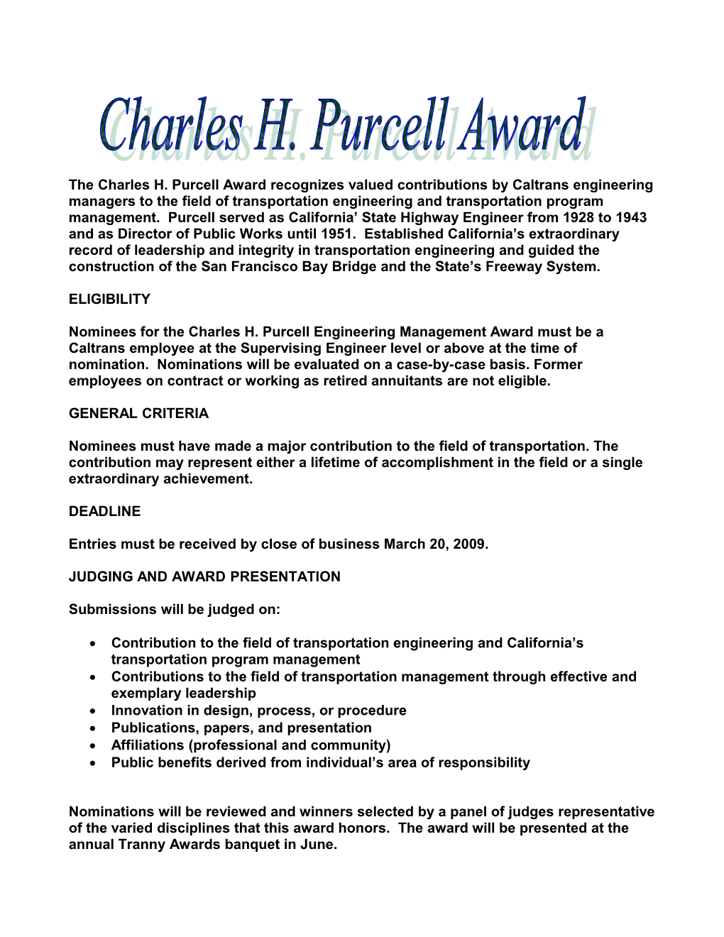 The Charles H. Purcell Award Recognizes Valued Contributions by Caltrans Engineering Managers