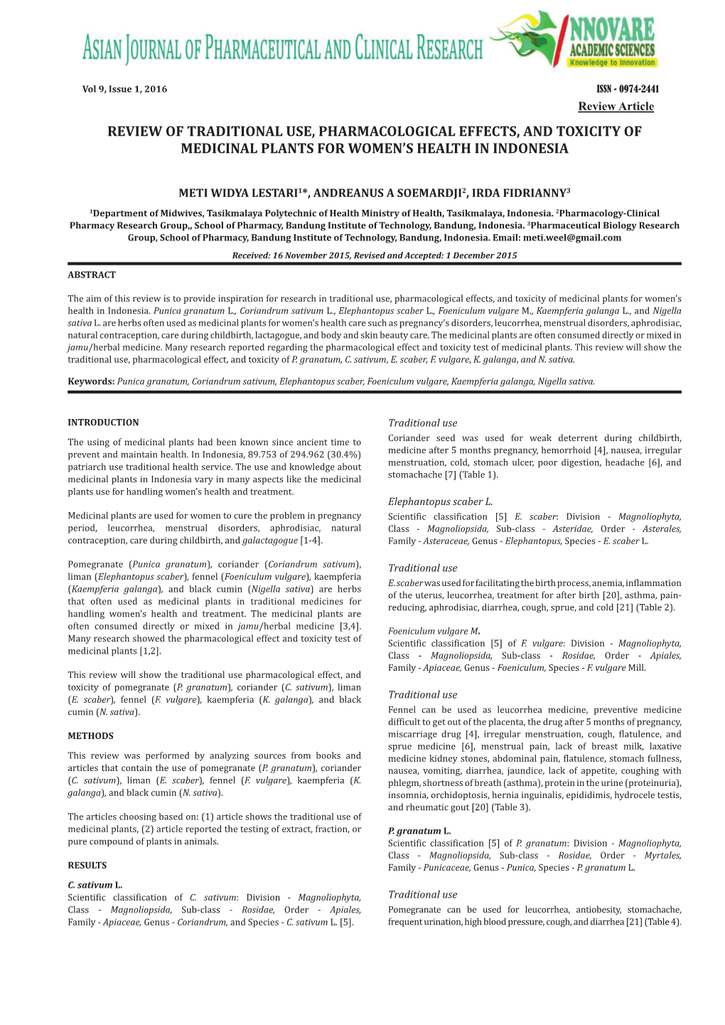 Review of Traditional Use, Pharmacological Effects, and Toxicity of Medicinal Plants for Women’S Health in Indonesia