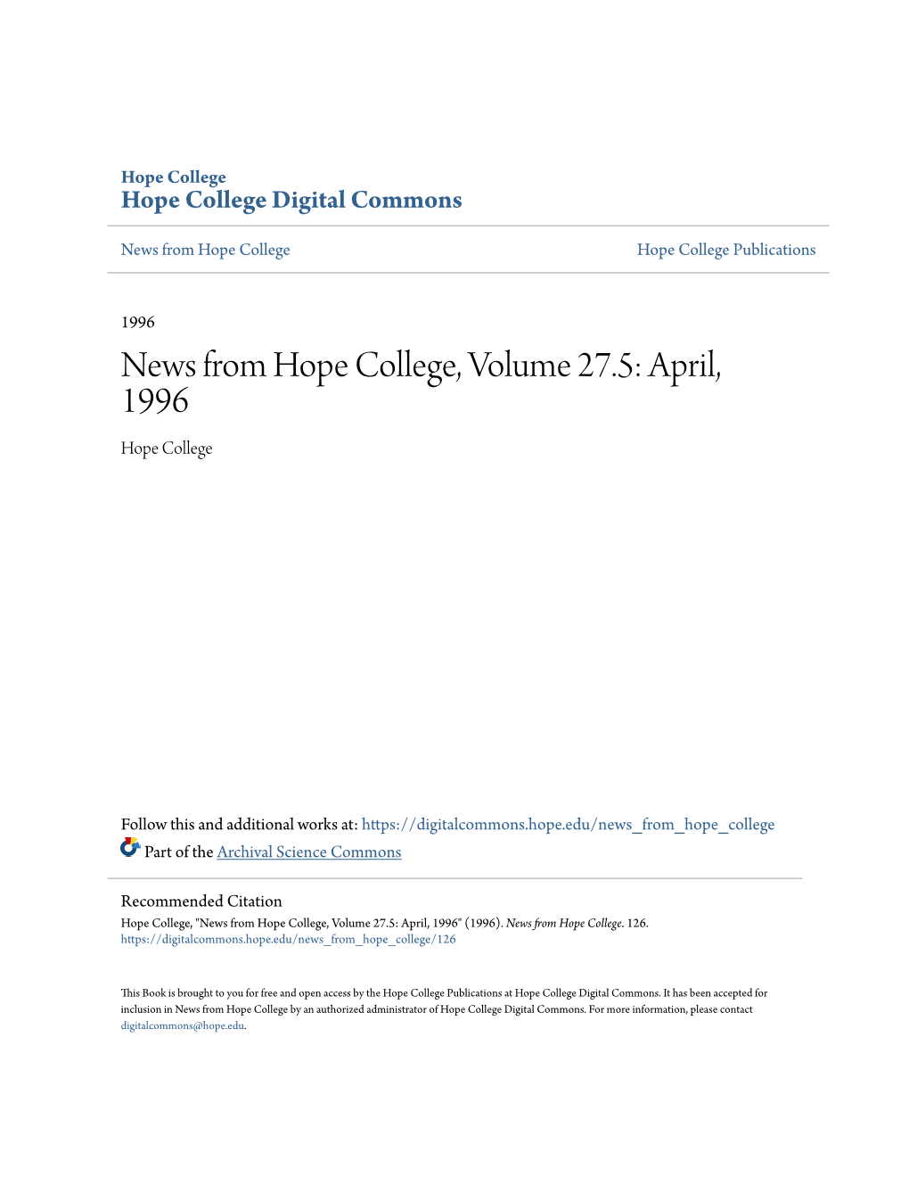 News from Hope College, Volume 27.5: April, 1996 Hope College