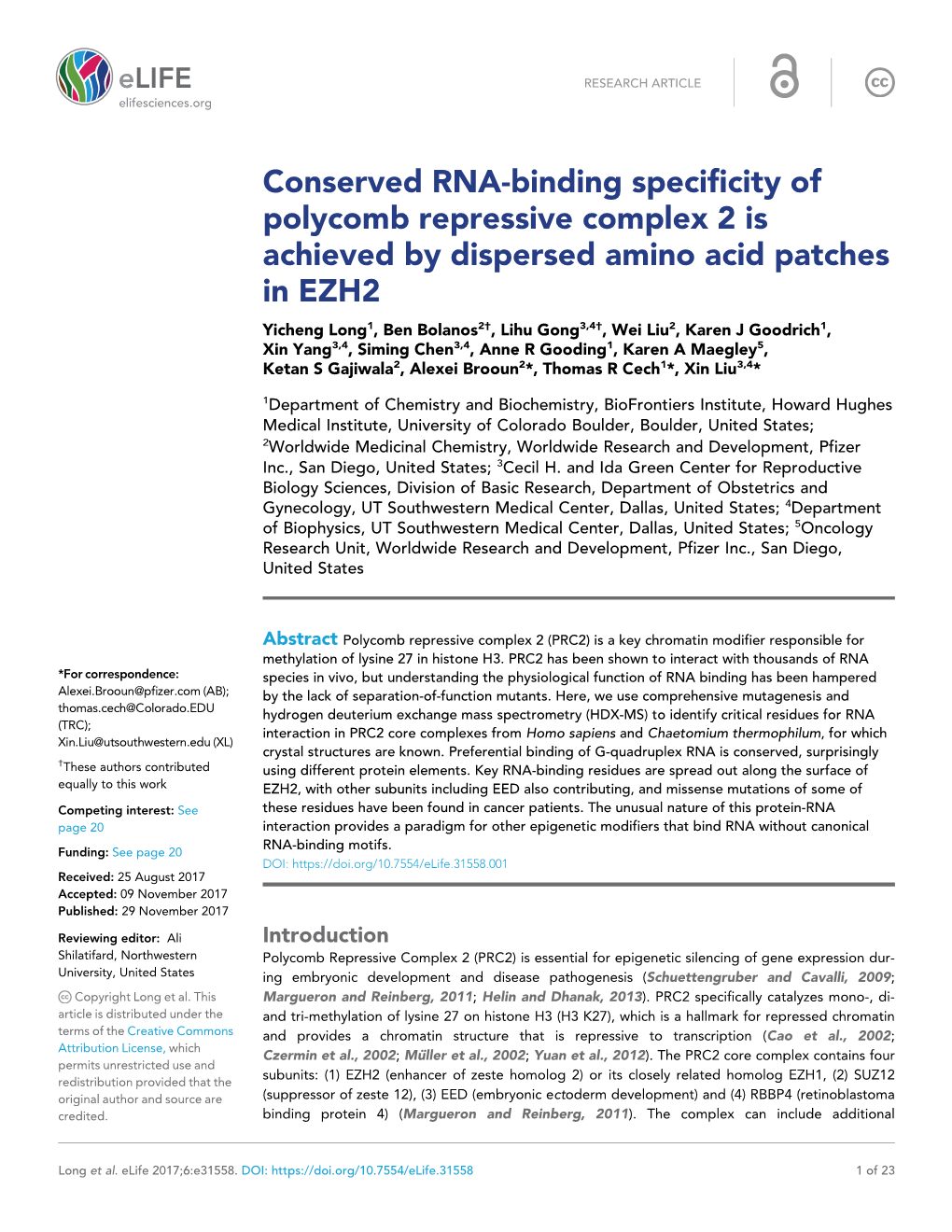 Conserved RNA-Binding Specificity of Polycomb Repressive Complex 2 Is Achieved by Dispersed Amino Acid Patches in EZH2