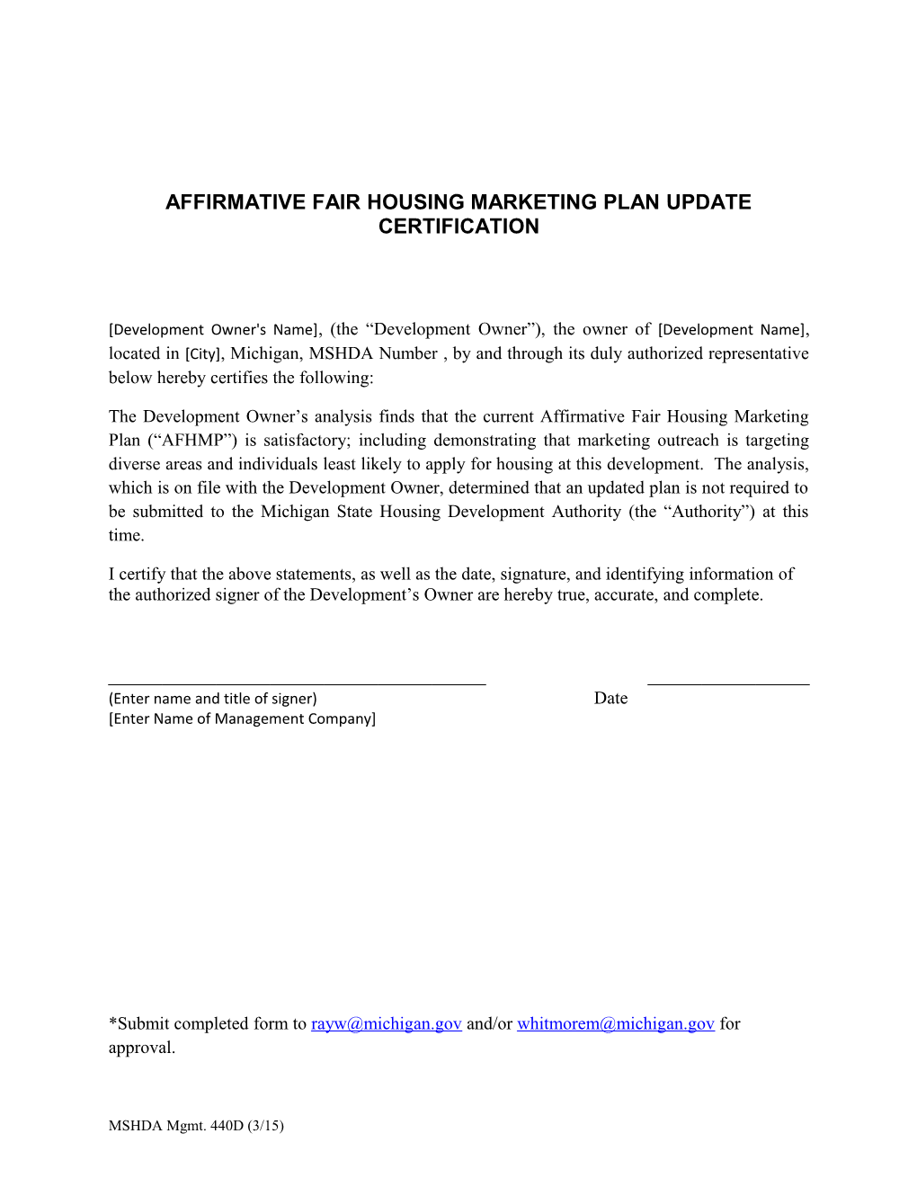 Affirmative Fair Housing Marketing Plan Update Certification