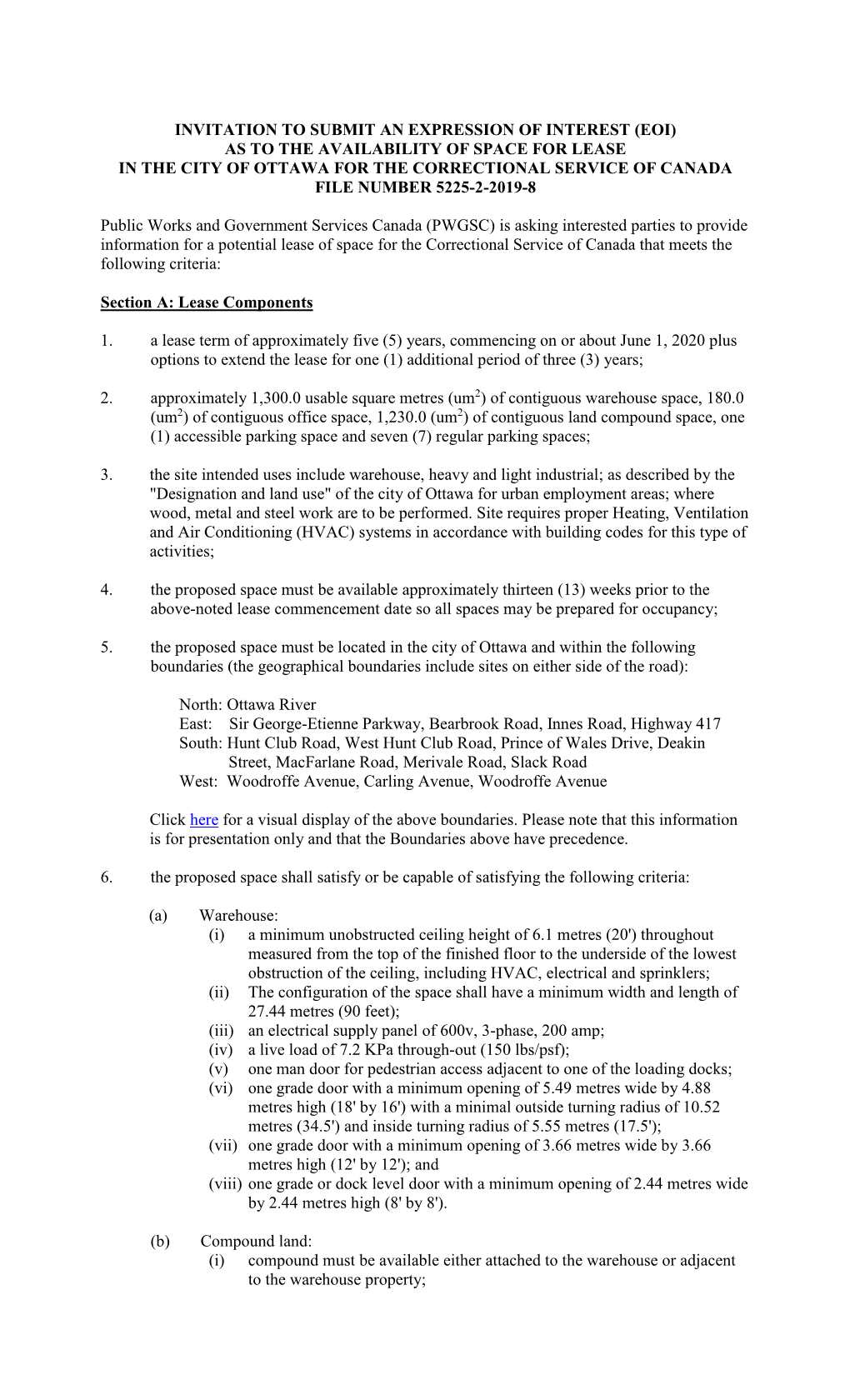 Eoi) As to the Availability of Space for Lease in the City of Ottawa for the Correctional Service of Canada File Number 5225-2-2019-8